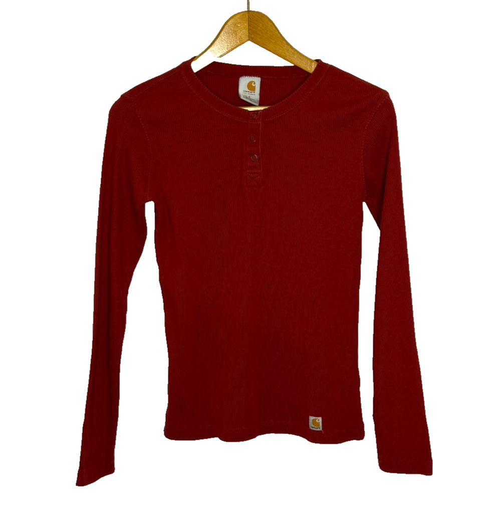 Women's Small Carhartt Red Ribbed Cotton Henley Snap Thermal Shirt